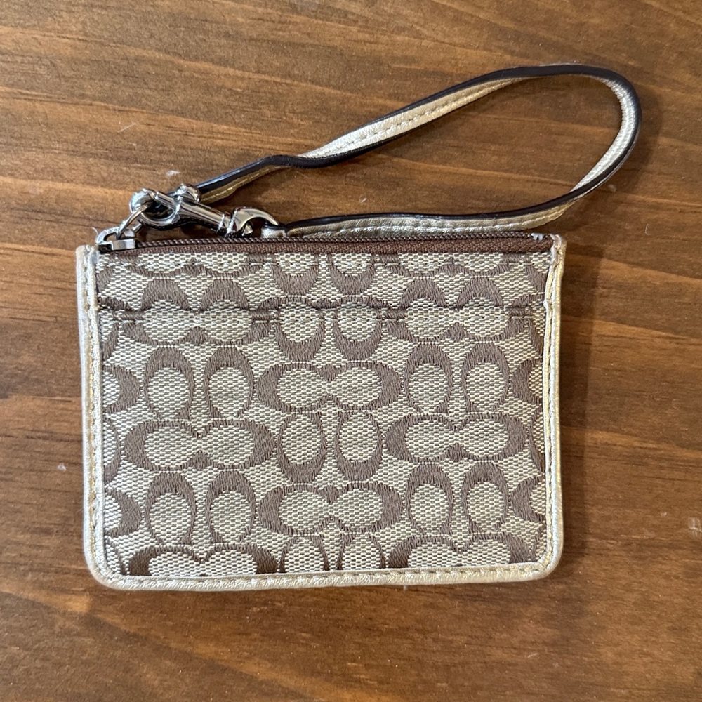 Coach Tan and Gold Signature Patterned Wristlet with keychain